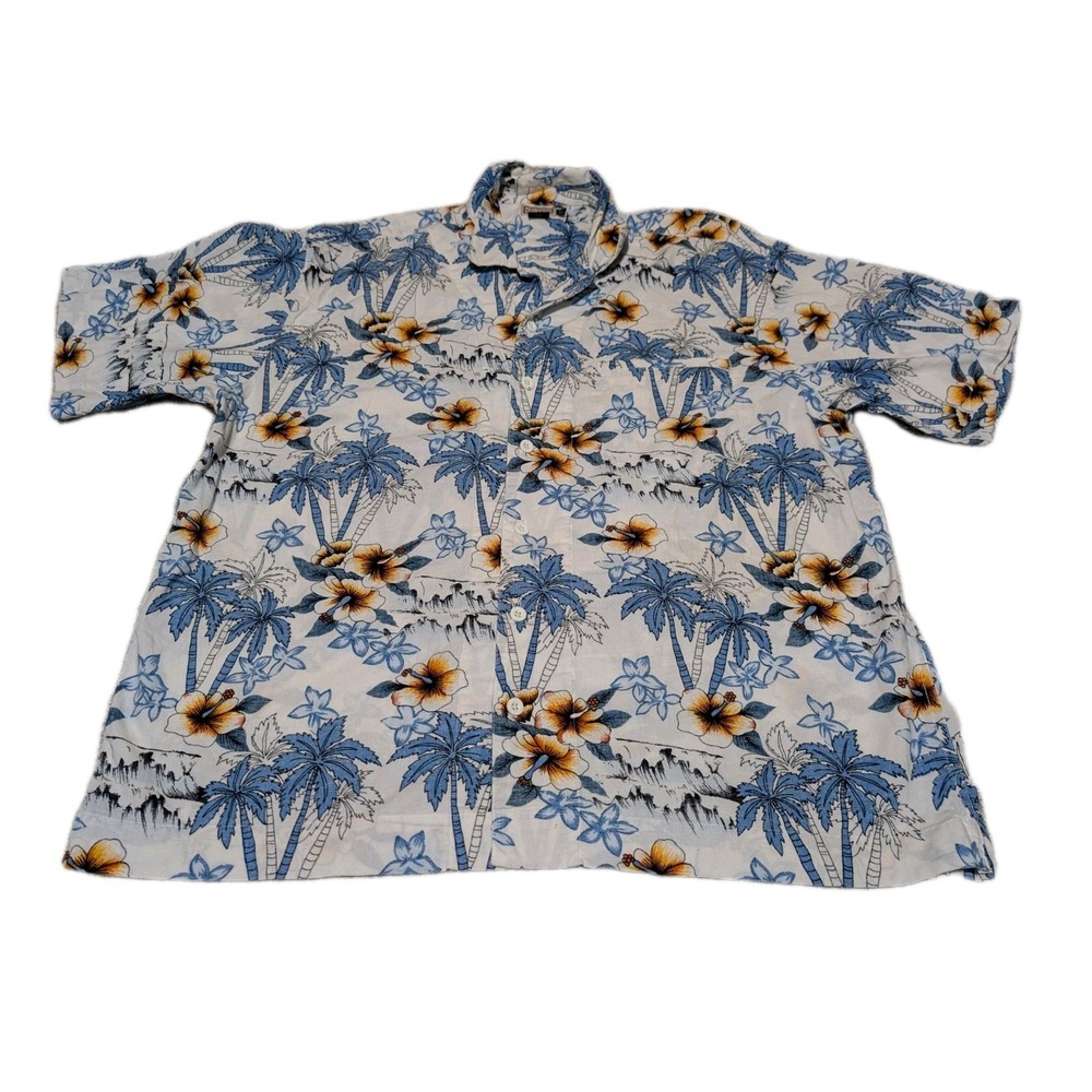 Arizona Jean Shirt Mens Sz XL Button Down Hawaiian Tropical White Blue Flora